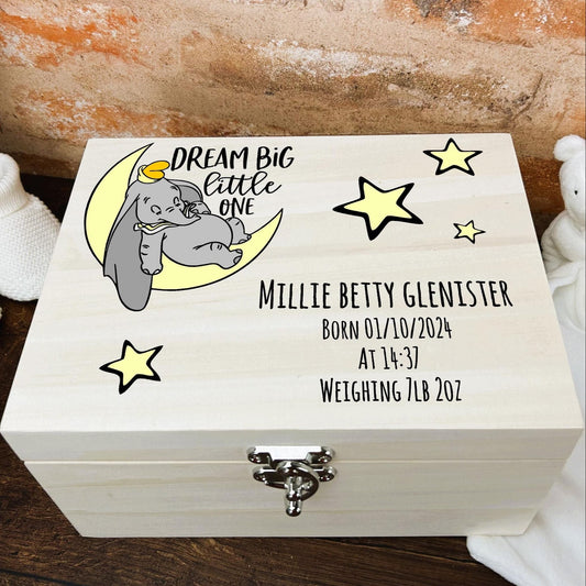 Dumbo Dream Big Little One Christening Day Personalised Wooden Box