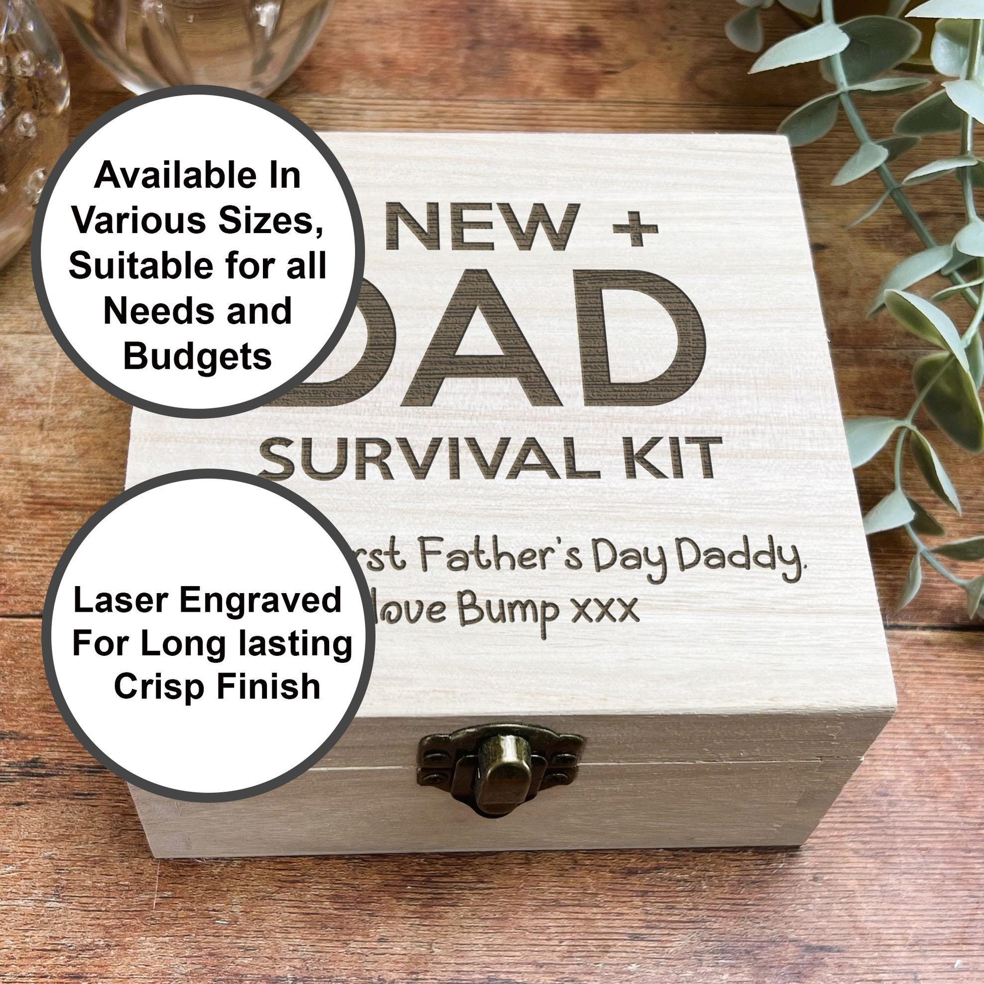 a new dad and dad survival kit on a wooden table