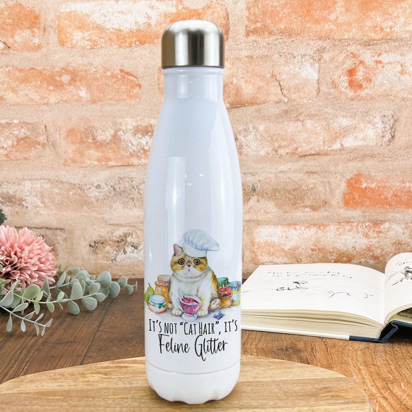 Feline Glitter Cat Design Water Bottle Personalised Gift