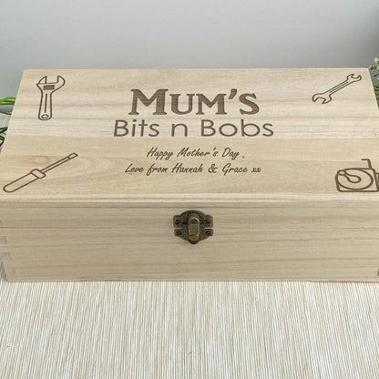 Mums Bits N Bobs Engraved Wooden Box - Personalised Mother's Day Gift - Tool Storage