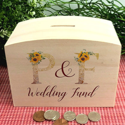 Sunflower Monogram Couples Wedding Fund - Personalised Wooden Money Box - Engagement Gift