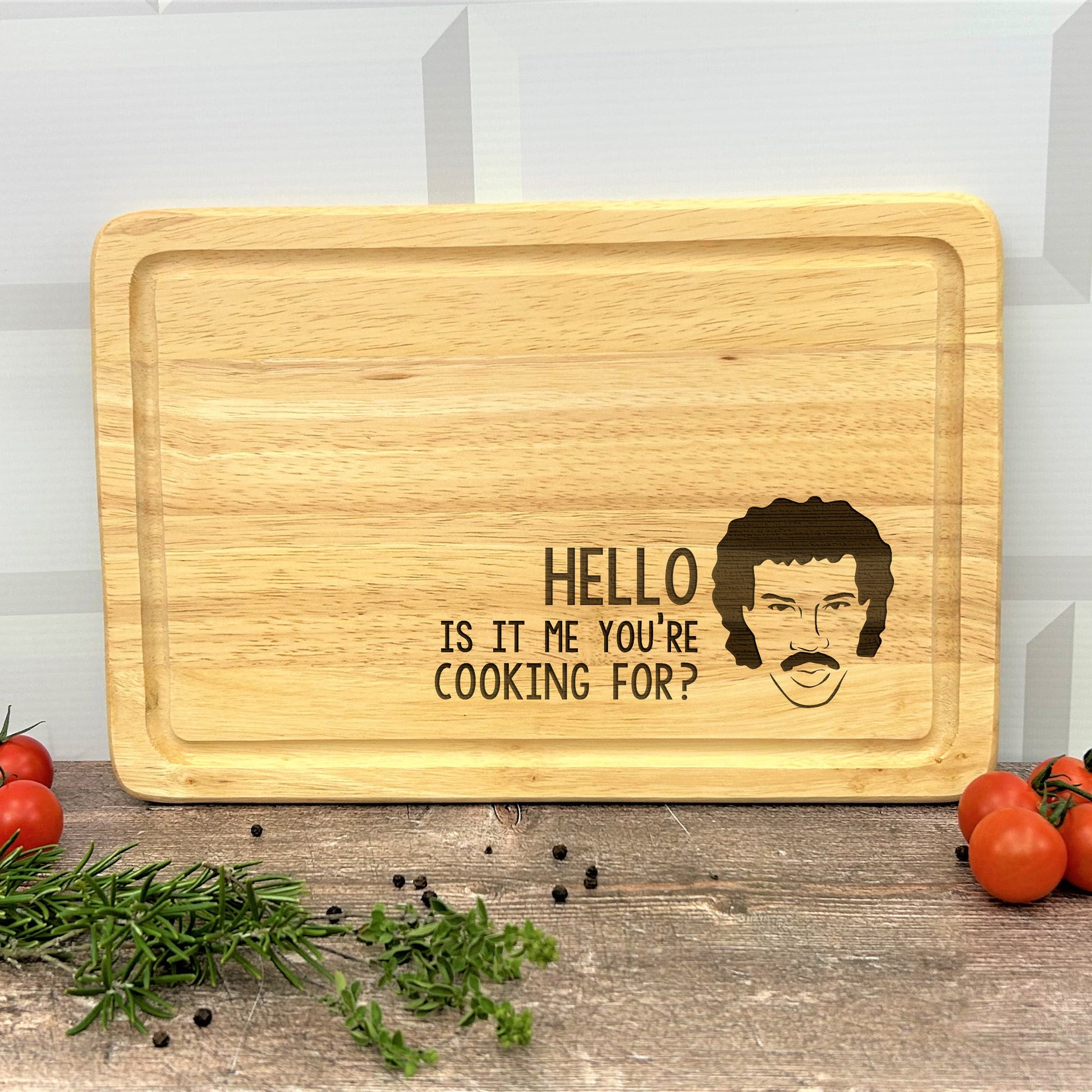a cutting board with a picture of a man on it