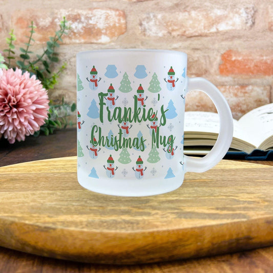 Snowman Pattern Christmas Mug Personalised Frosted Glass Secret Santa Gift XMAS Stocking Filler