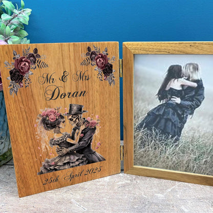 Skull Couple, Wedding, Anniversary Photo Frame Personalised Gothic, Goth, Emo, Horror Themed Gift. Solid Oak UV Colour Printed.