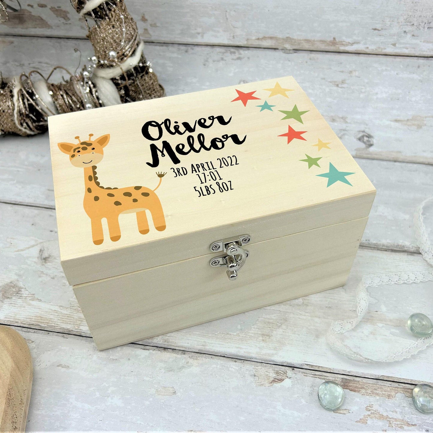Giraffe Stars Christening New Baby Personalised Wooden Memory Box Gift