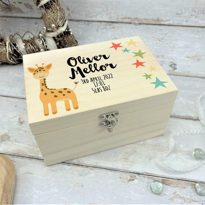Giraffe Stars Christening New Baby Personalised Wooden Memory Box Gift