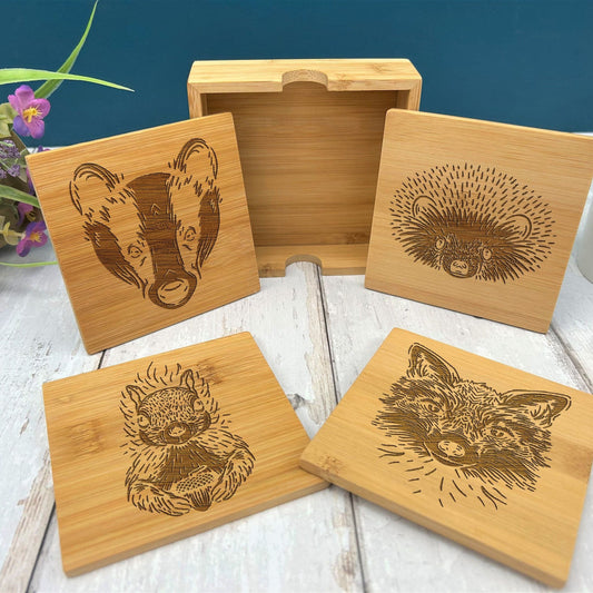 Woodland Animal Cottage Core Engraved Bamboo Coaster Set Home Décor House Warming Christmas Gift Birthday Present