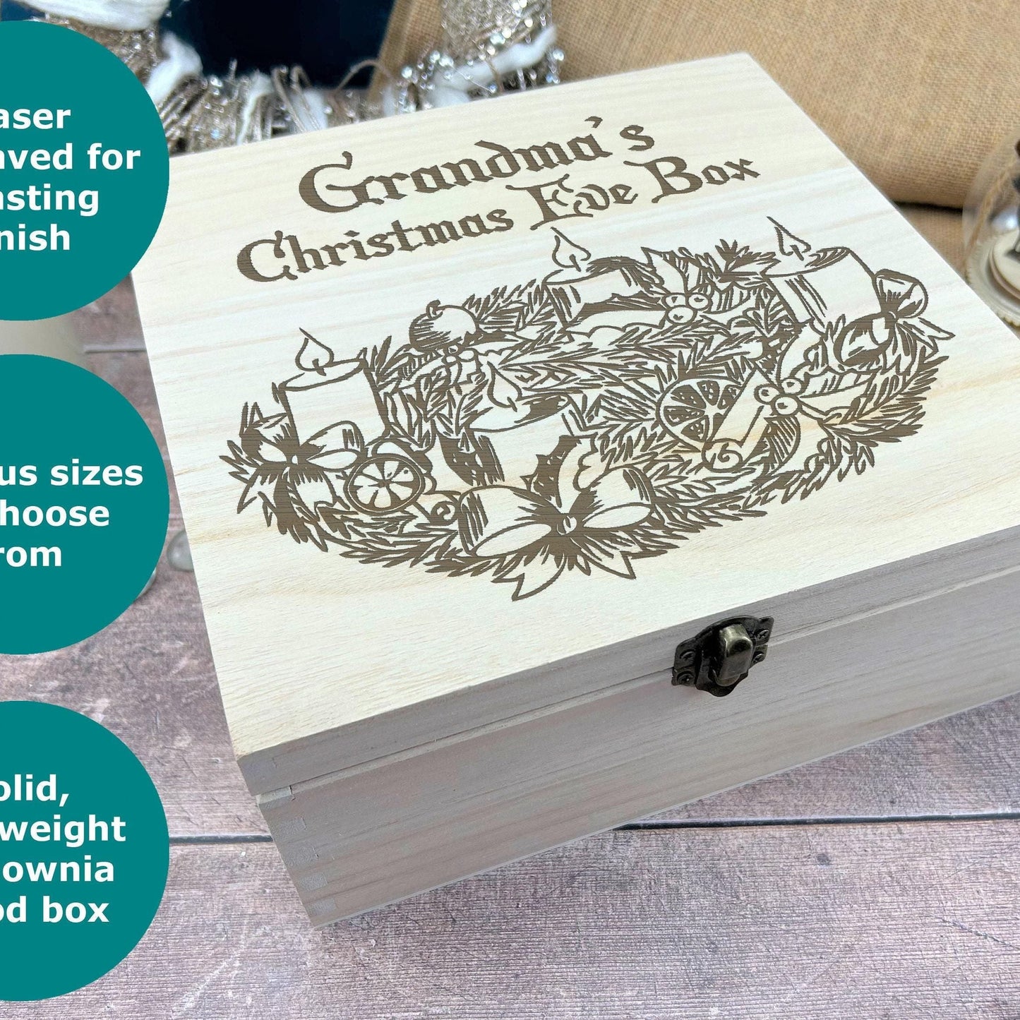 Wreath and Candles Victorian Style Wooden Christmas Eve Box Personalised Xmas Treats Gift