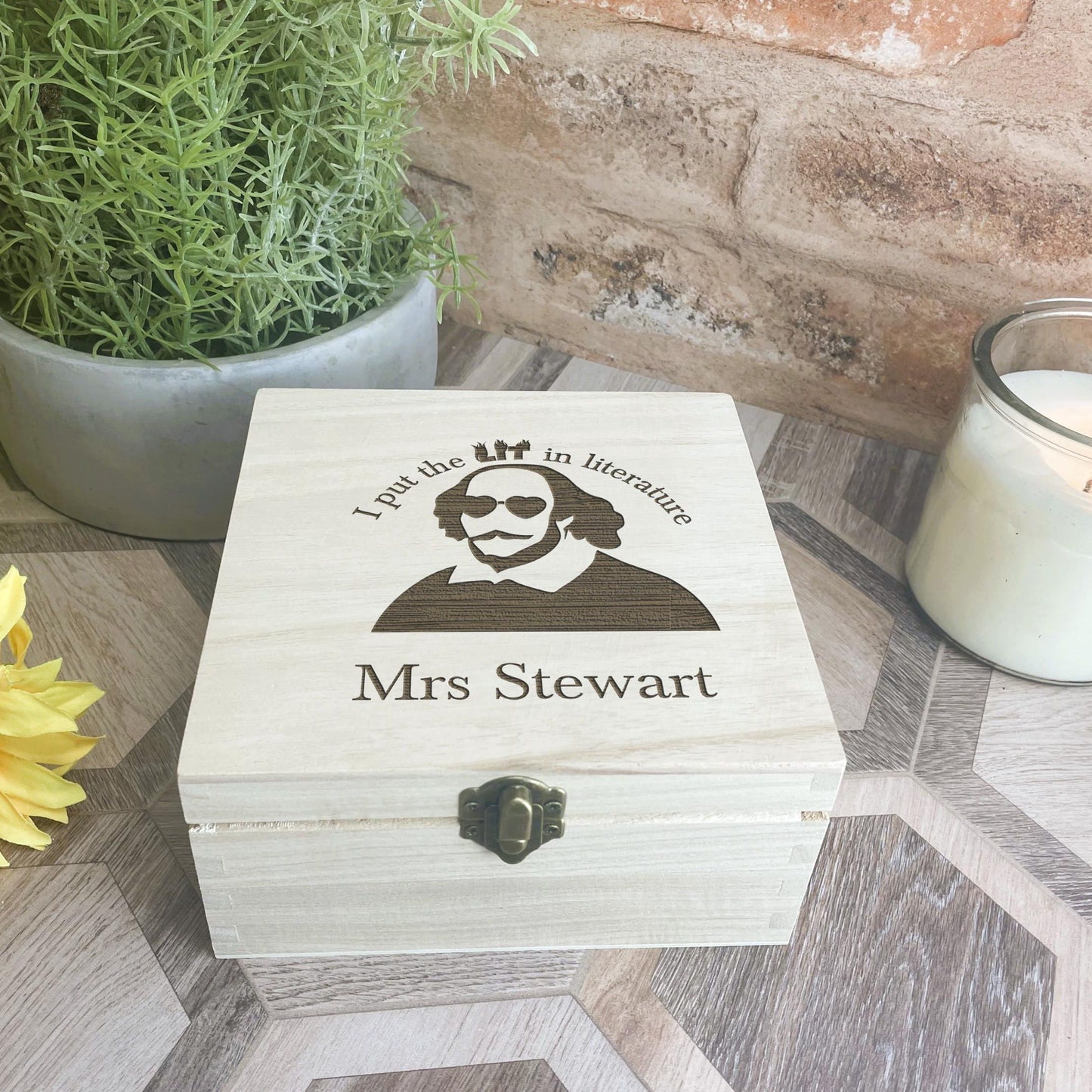 a wooden box with a picture of a man on it