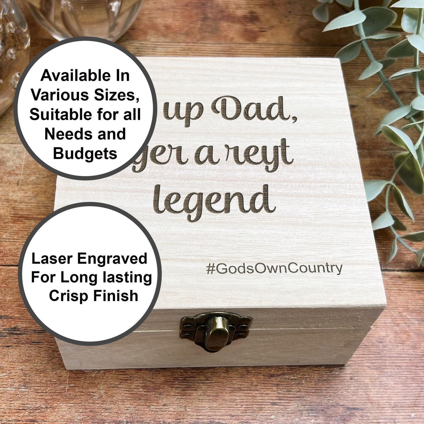 a wooden box with some words on it