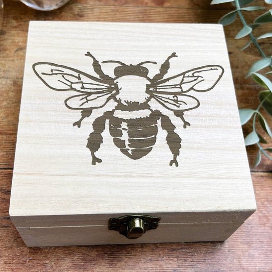 Honey Bee Illustration Engraved Wooden Trinket Jewellery Box Desk Tidy Christmas Gift Birthday Present Secret Santa Nature