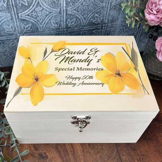 Floral Yellow Watercolour Illustration Personalised Luxury Wooden Memory Box Gift