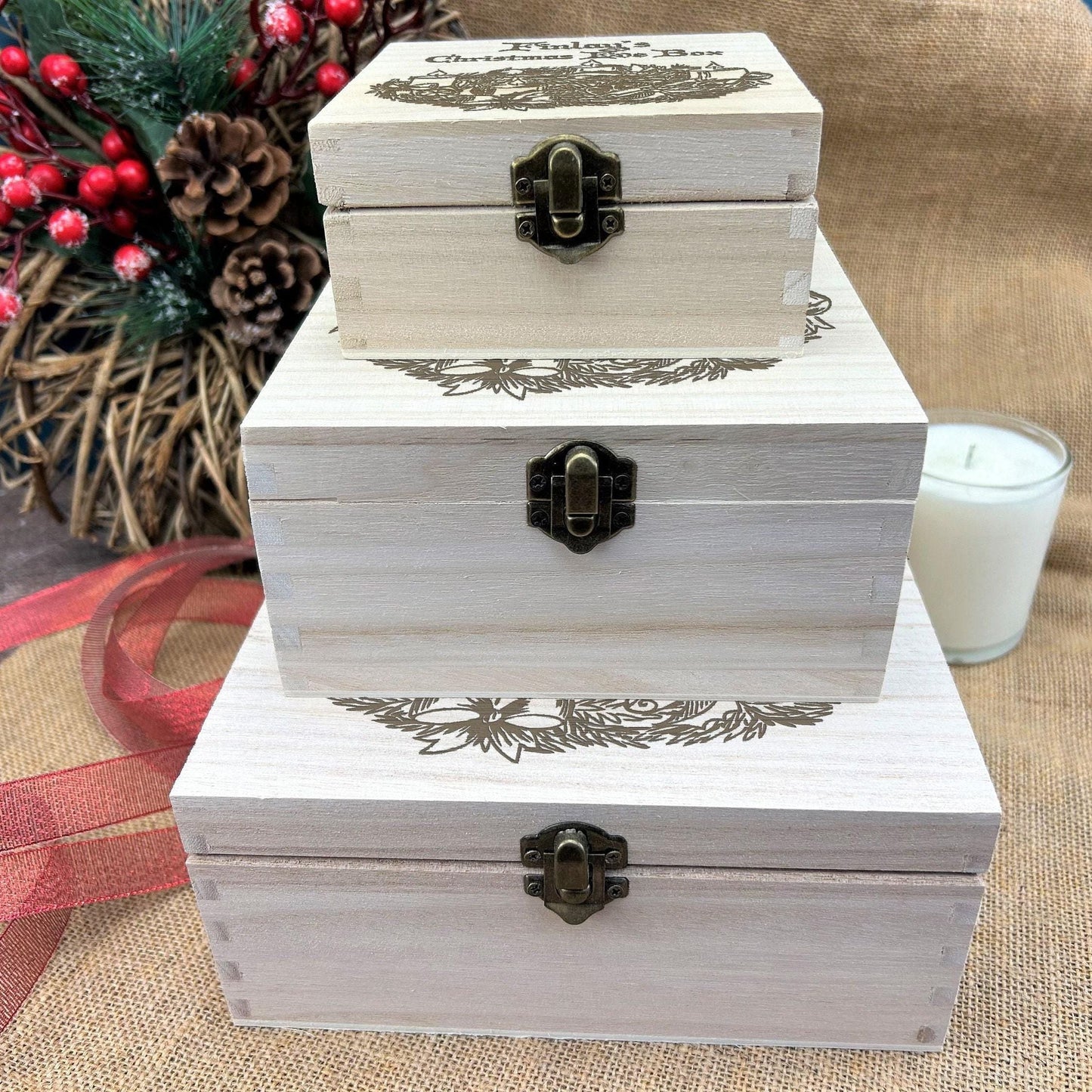 Wreath and Candles Victorian Style Wooden Christmas Eve Box Personalised Xmas Treats Gift