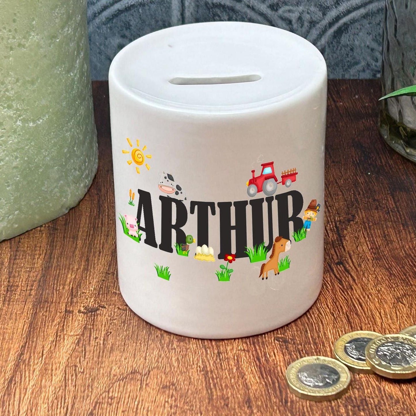 Farm Yard Personalised Money Box - Ceramic Saving Jar - Farm Yard Animals - Birthday - Christmas Gift