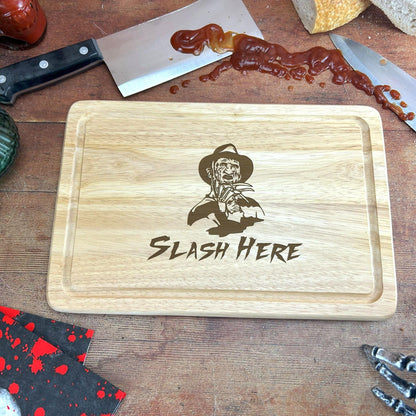 a wooden cutting board with a cartoon character on it