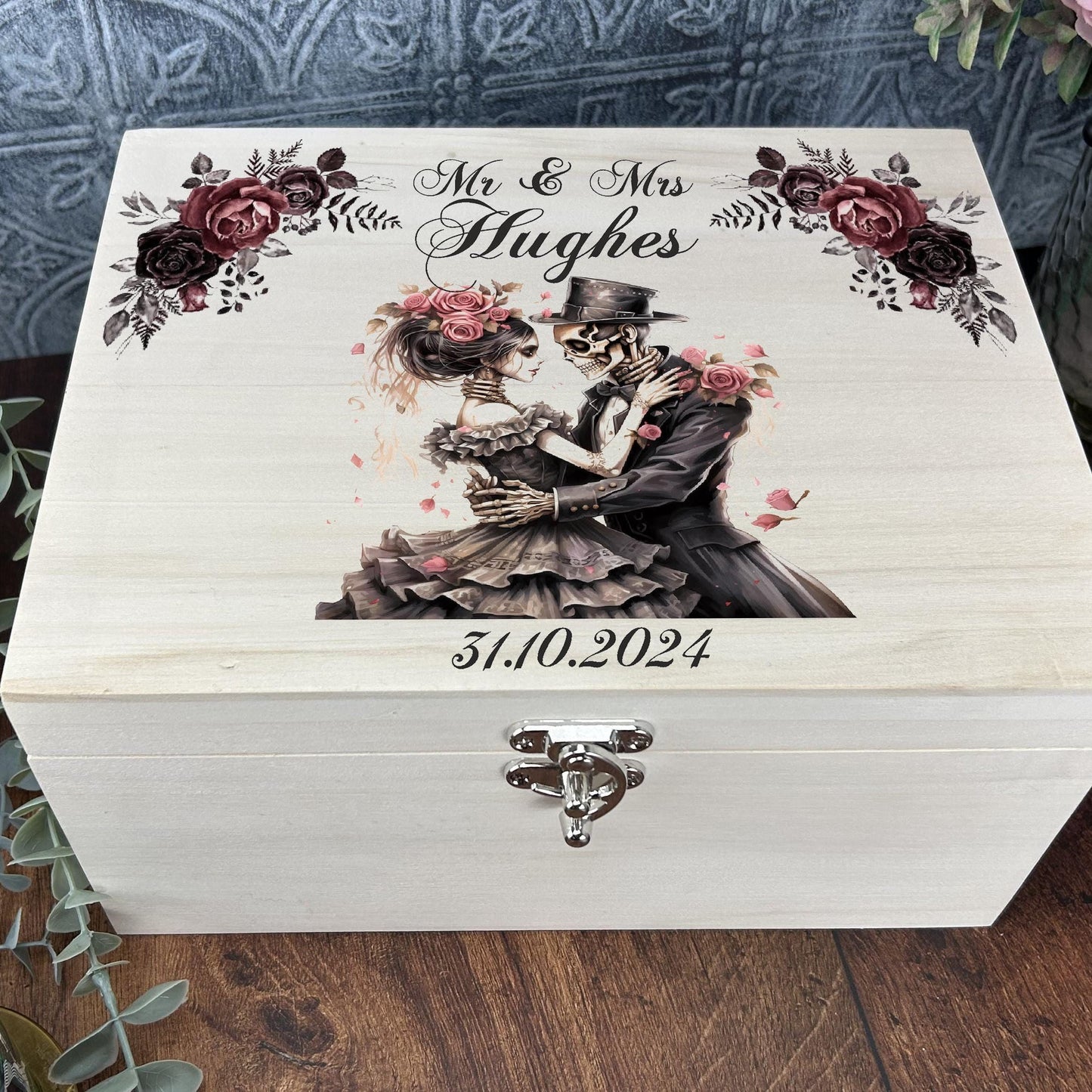 Gothic Skull Couple Personalised Wooden Memory Box - Wedding - Anniversary - Valentines - Memories & Keepsakes - Unique Unusual Present