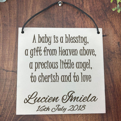 New Baby Personalised Gift - A Baby is a Blessing Ply Plaque - Christening - Hanging Plaque Nursery Decor