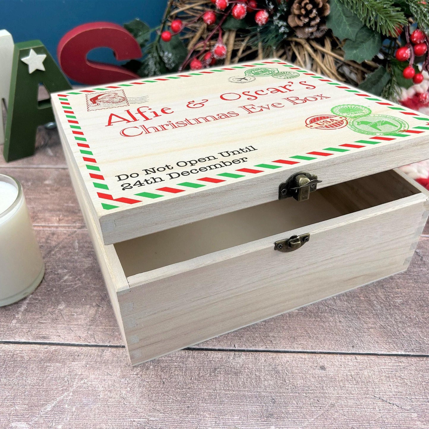 Postcard Letter From Santa Clause Wooden Christmas Eve Personalised Treat Box