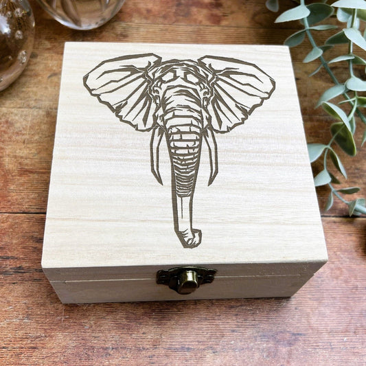 Elephant Illustration Engraved Wooden Trinket Jewellery Box Christmas Gift Birthday Present Secret Santa