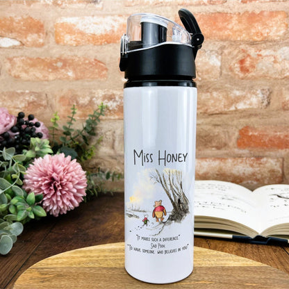 Pooh Bear & Piglet Disney Teacher Water Bottle Personalised Message End of School Year Thank you Gift - Tutor - TA - Teaching Assistant.