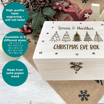 a wooden box with a christmas eve box on it