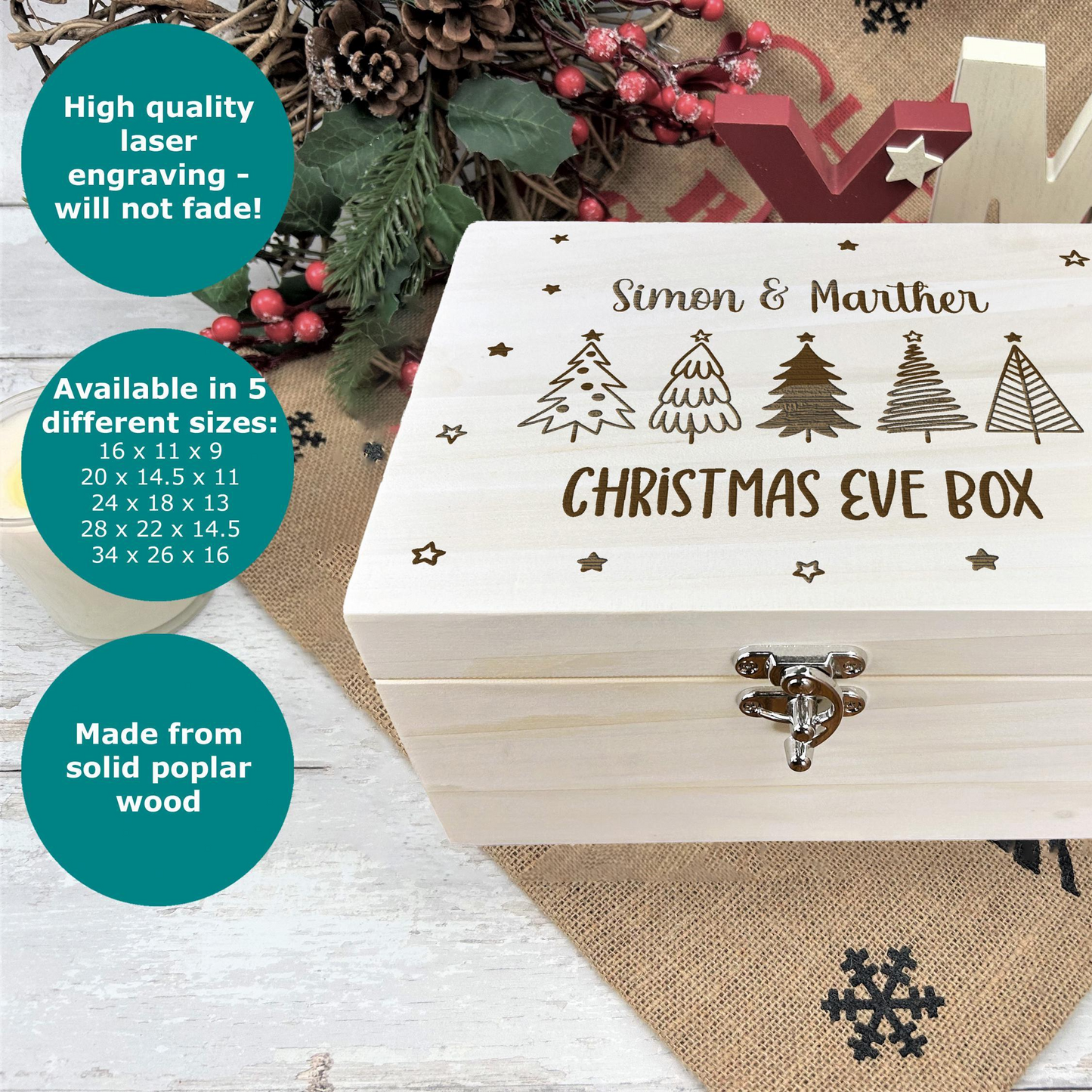 a wooden box with a christmas eve box on it
