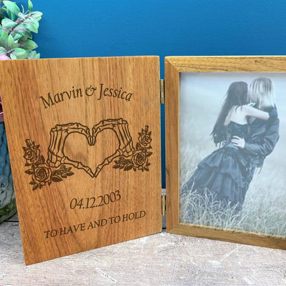 Bone Heart Hands Couple, Wedding, Valentines Anniversary Photo Frame Gift. Personalised Gothic, Goth, Emo, Horror Themed Gift. Solid Oak