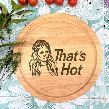 a wooden sign that says, that's hot with a picture of a woman