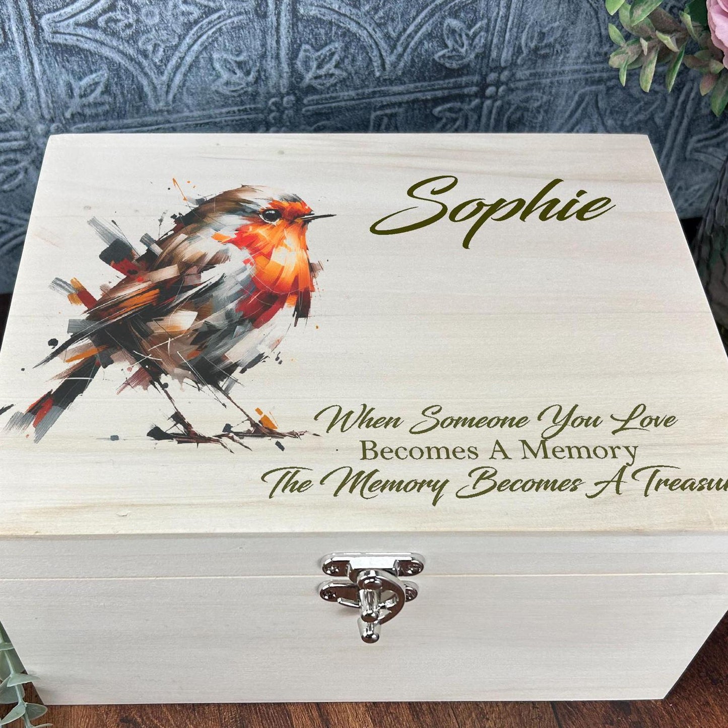 Robin Oil Painting Illustration Personalised Wooden Memory / Keepsake Box - Bereavement Gift