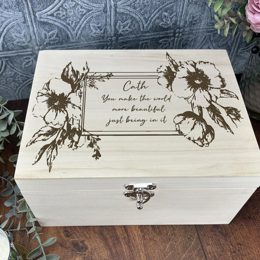 Floral Engraved Personalised Luxury Deep Wooden Memory Keepsake Box