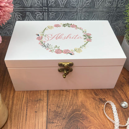 Rose Floral Wreath Personalised Jewellery Trinkets Box - Birthday Gift