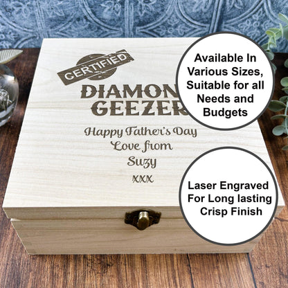 a wooden box with a picture of a diamond geezer on it