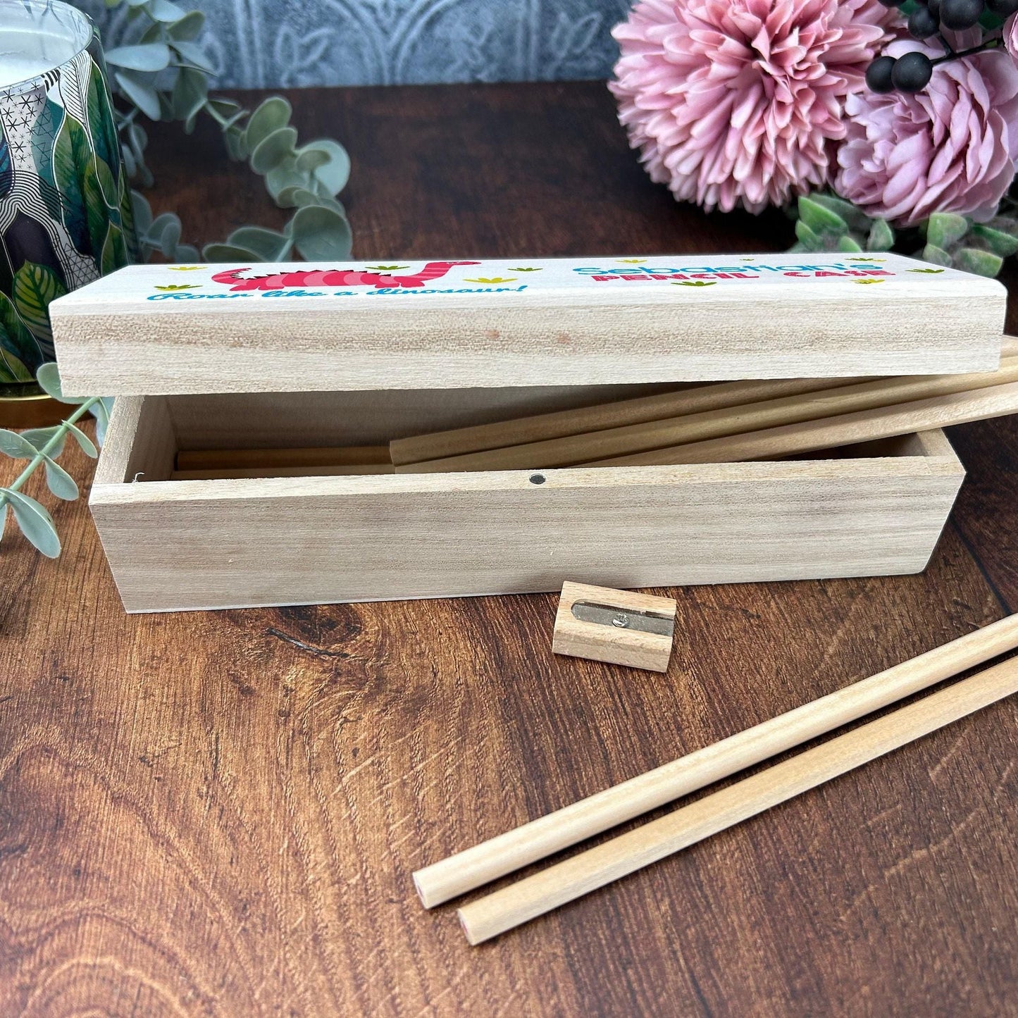 Dinosaur Printed Personalised Wooden Box - Pencil Case School Stationery Birthday Gift