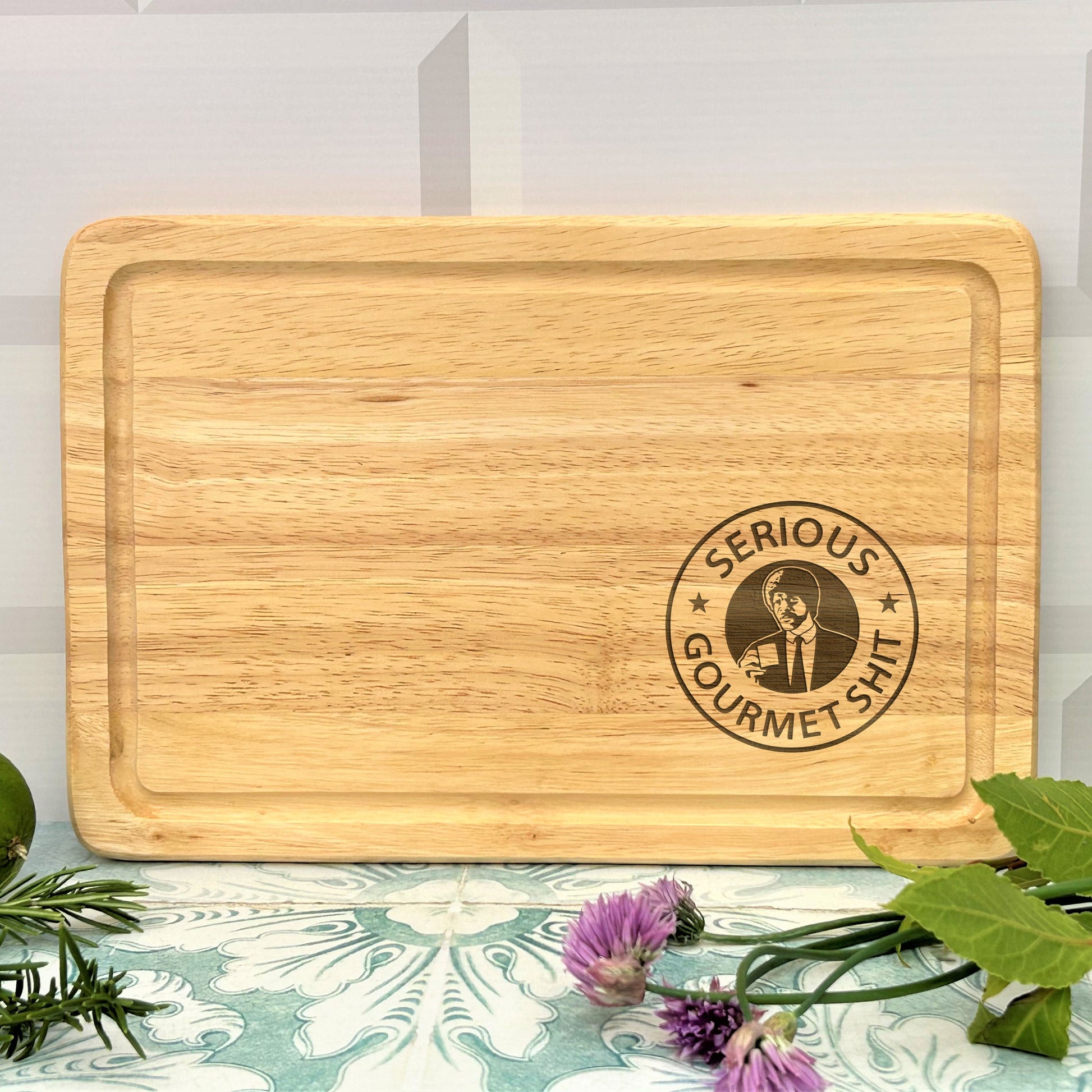 a close up of a cutting board on a table