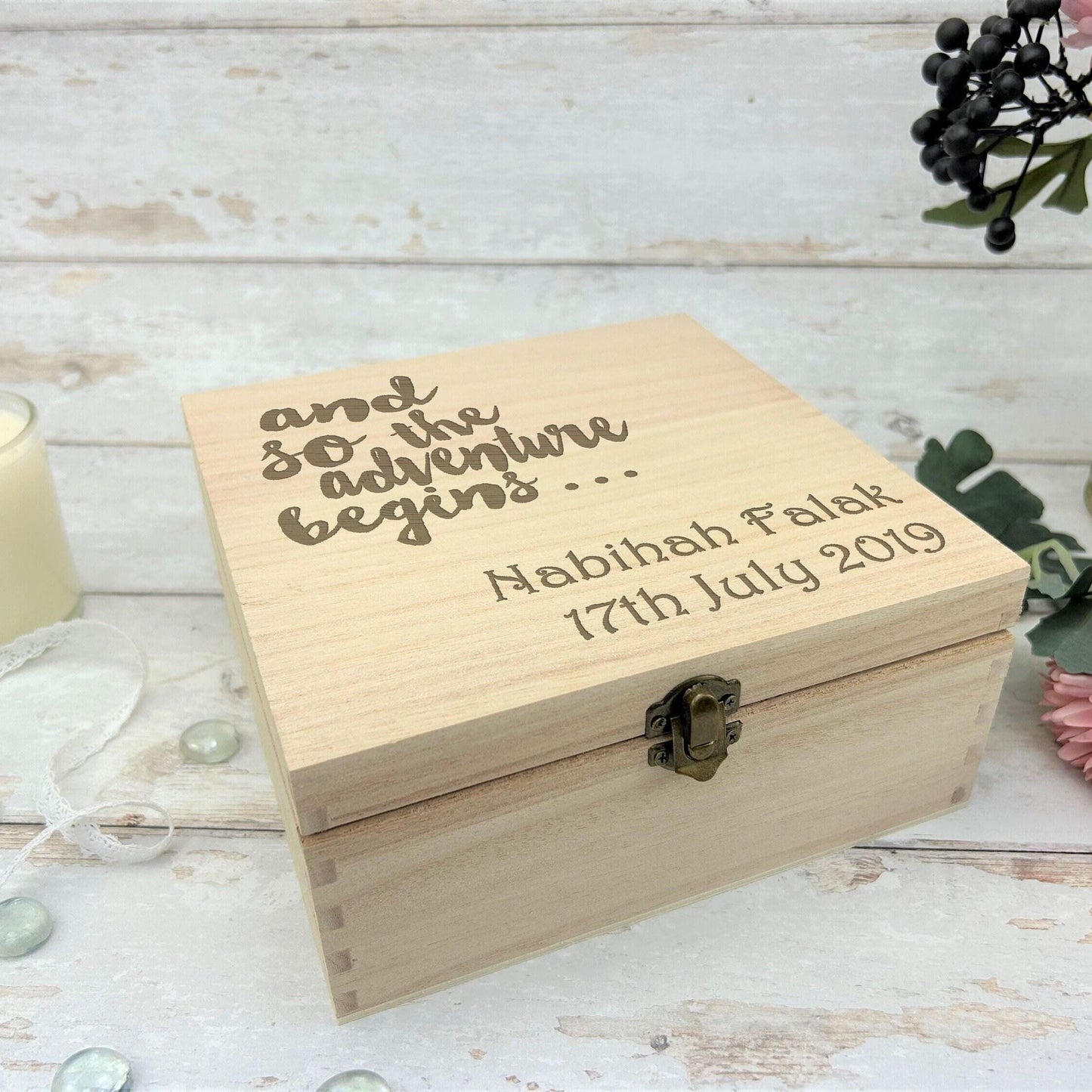 And So The Adventure Begins - Wooden Memory Keepsake Box - Personalised Gift