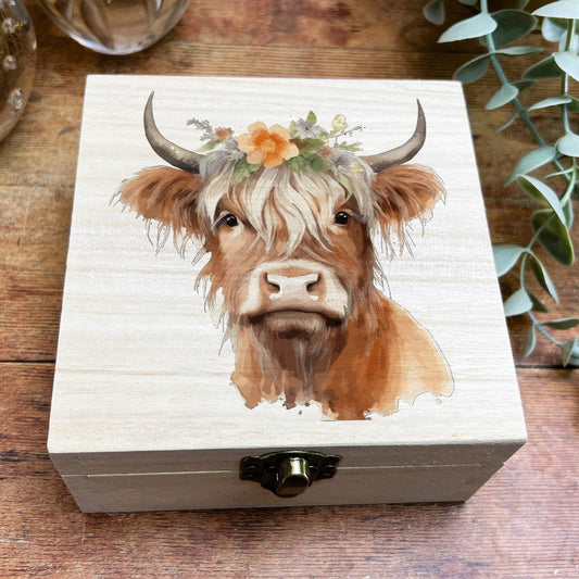 Highland Cow Colourful Wooden Box Trinkets Desk Tidy Clutter Hair Bobbles Stationary Christmas Gift Birthday Present Secret Santa Scotland