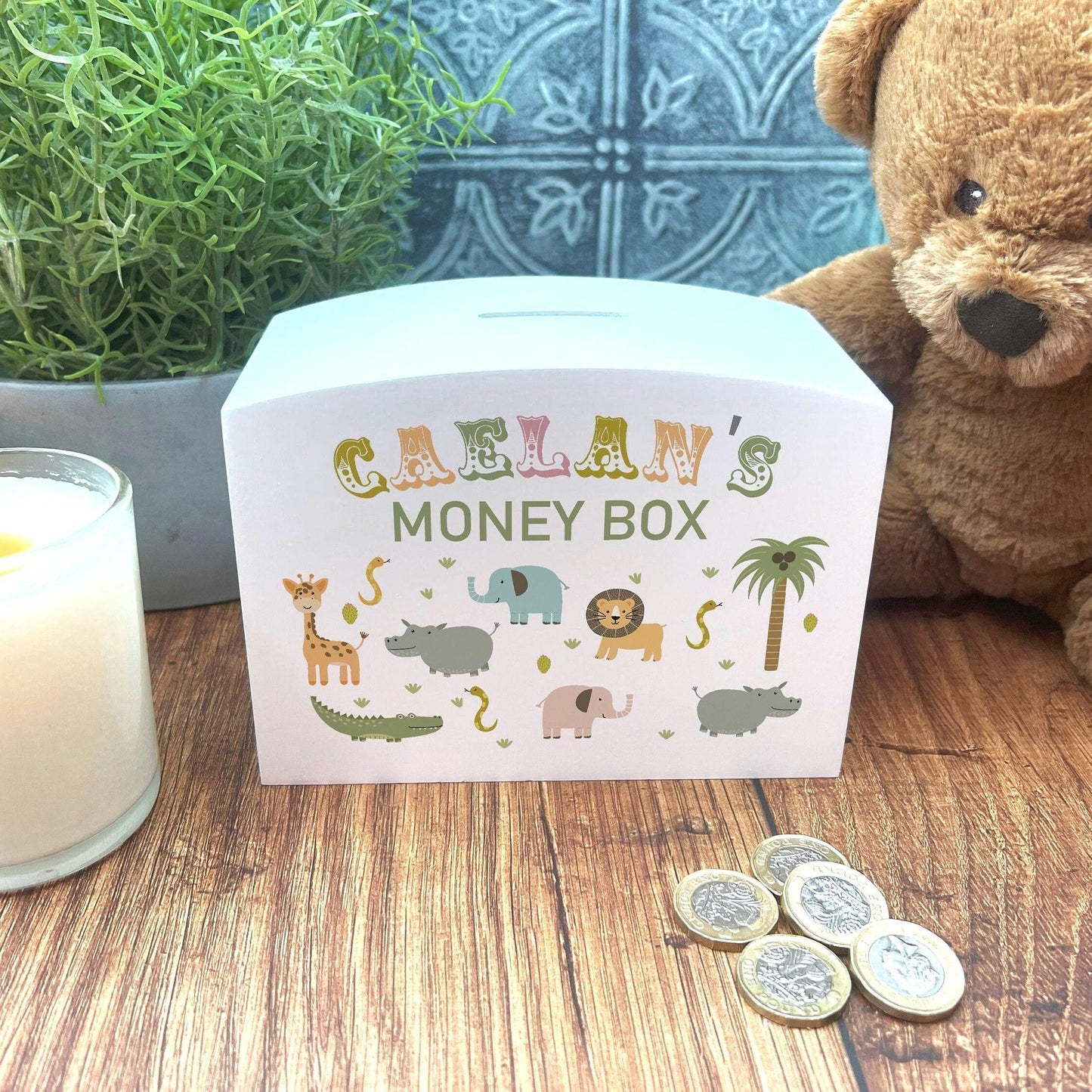 Jungle Animals Colourful Personalised Children's Wooden Money Box - Birthday Saving Gift