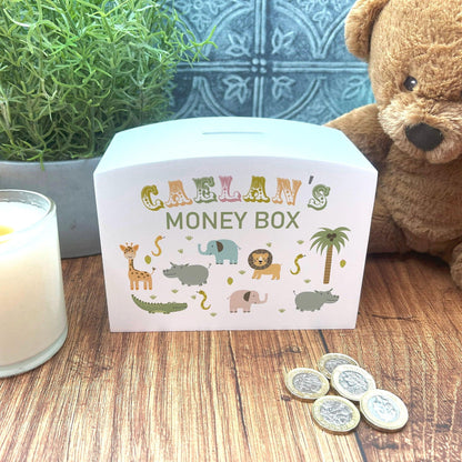 Jungle Animals Colourful Personalised Children's Wooden Money Box - Birthday Saving Gift