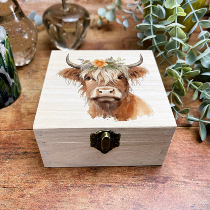 Highland Cow Colourful Wooden Box Trinkets Desk Tidy Clutter Hair Bobbles Stationary Christmas Gift Birthday Present Secret Santa Scotland