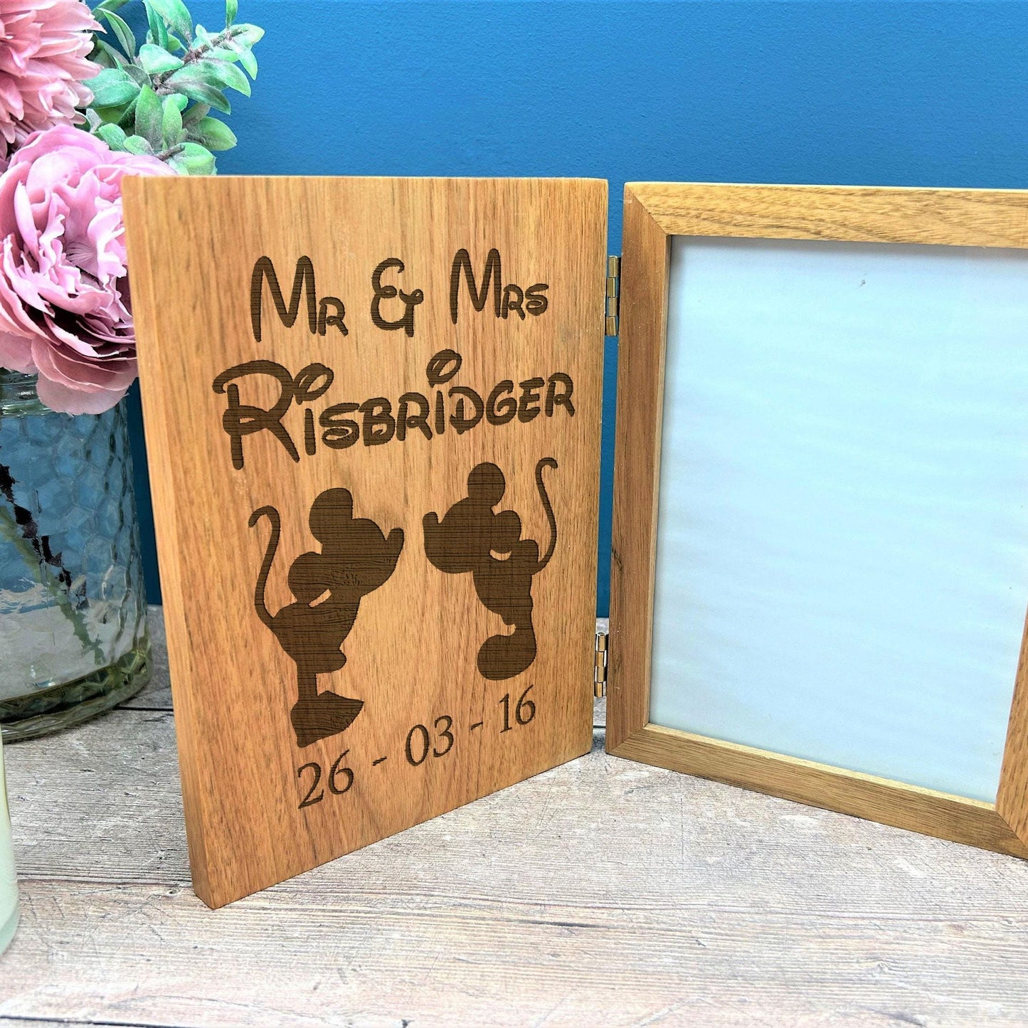 Mickey & Minnie Mouse Design - Personalised Oak Photo Frame - Wedding - Anniversary - Engagement Gift