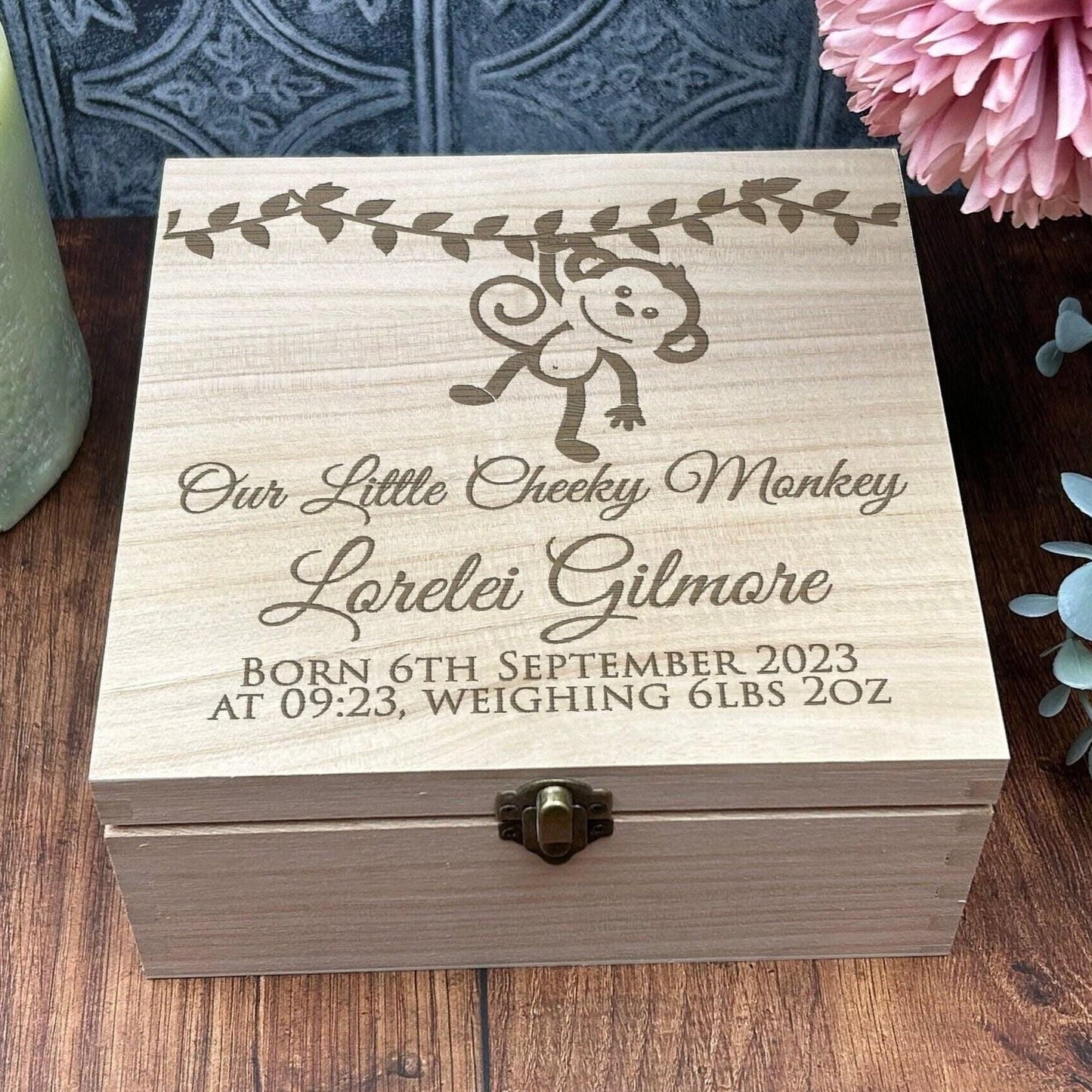 Cheeky Monkey Wooden Personalised Memory Keepsake Box - Christening / New Baby Gift