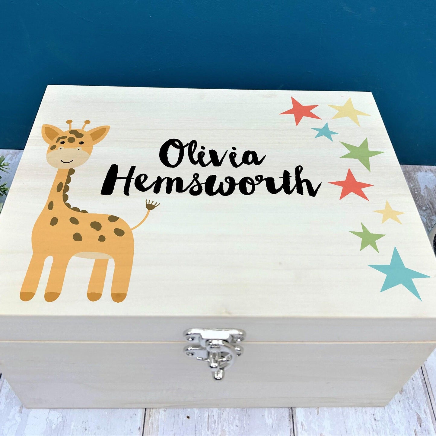 Giraffe Stars Christening New Baby Personalised Wooden Memory Box Gift