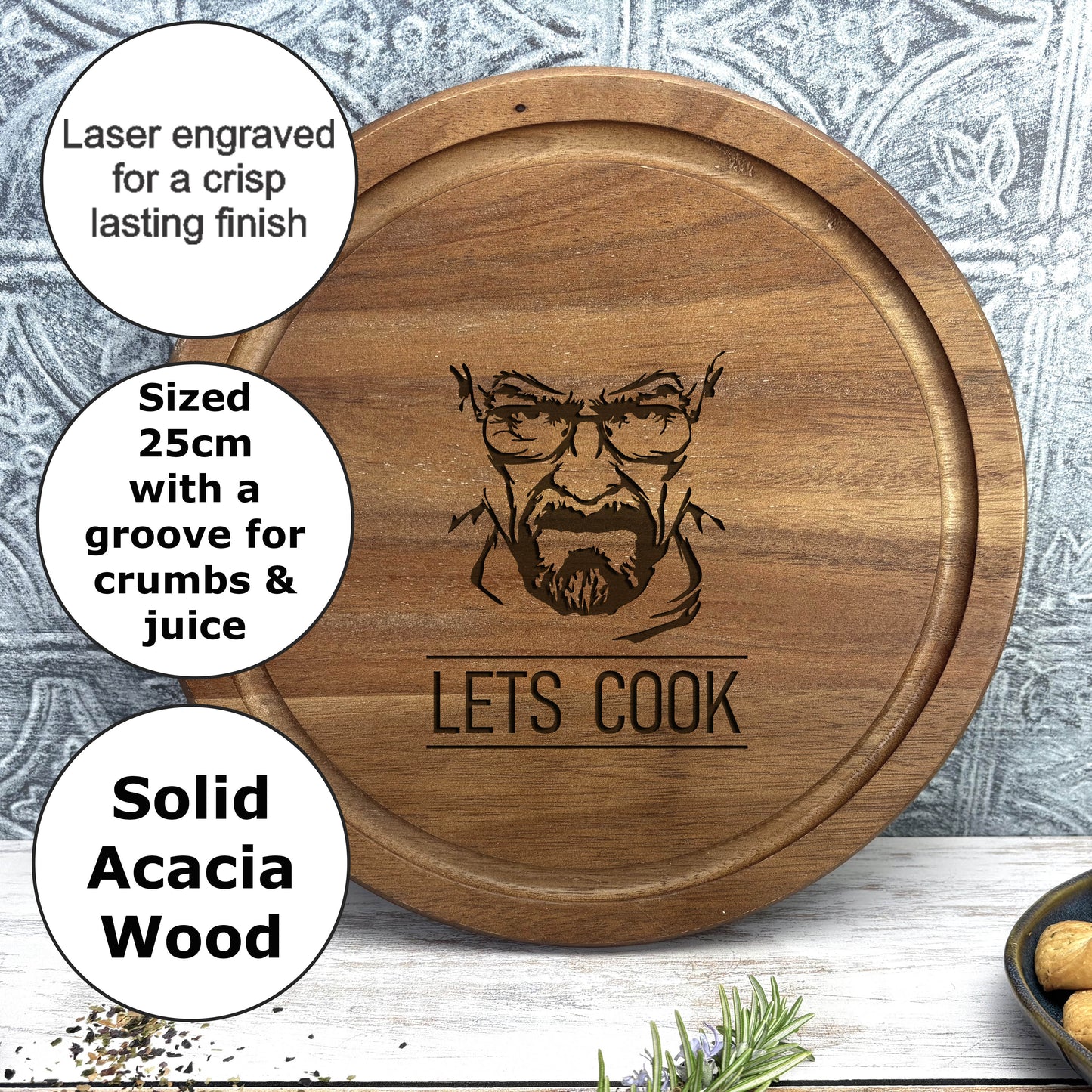 a wooden cutting board with a picture of a man's face on it