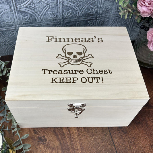 Personalised Pirate Treasure Box Skull & Crossbones Wooden Toy Storage - Keepsake Box