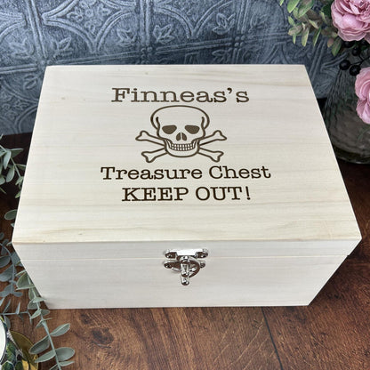 Personalised Pirate Treasure Box Skull & Crossbones Wooden Toy Storage - Keepsake Box