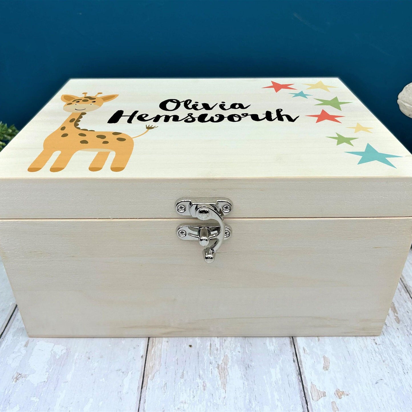 Giraffe Stars Christening New Baby Personalised Wooden Memory Box Gift