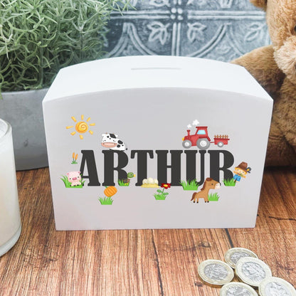 Farm Yard Theme Wooden Money Box - Colourful - Personalised - Children's Birthday Saving Gift