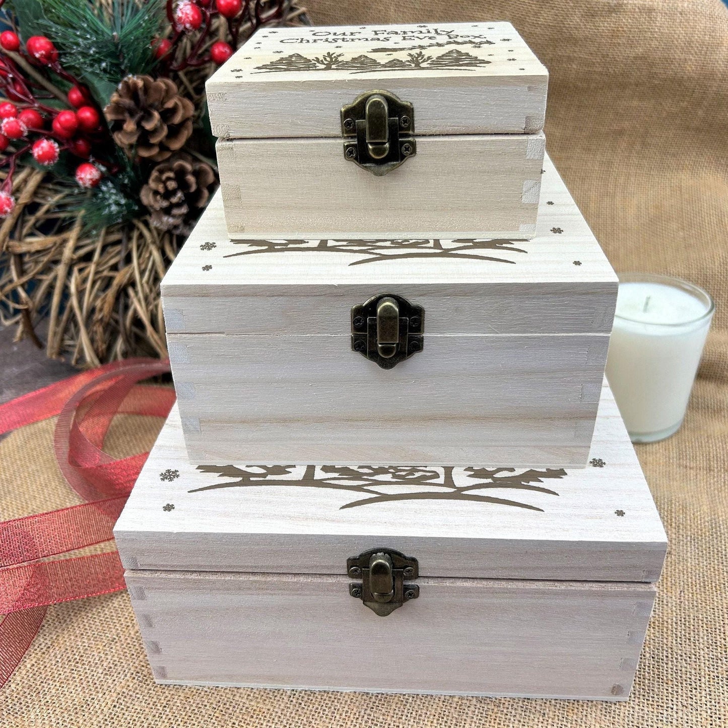 Snowy Tree Silhouette Wooden Christmas Eve Treat Box