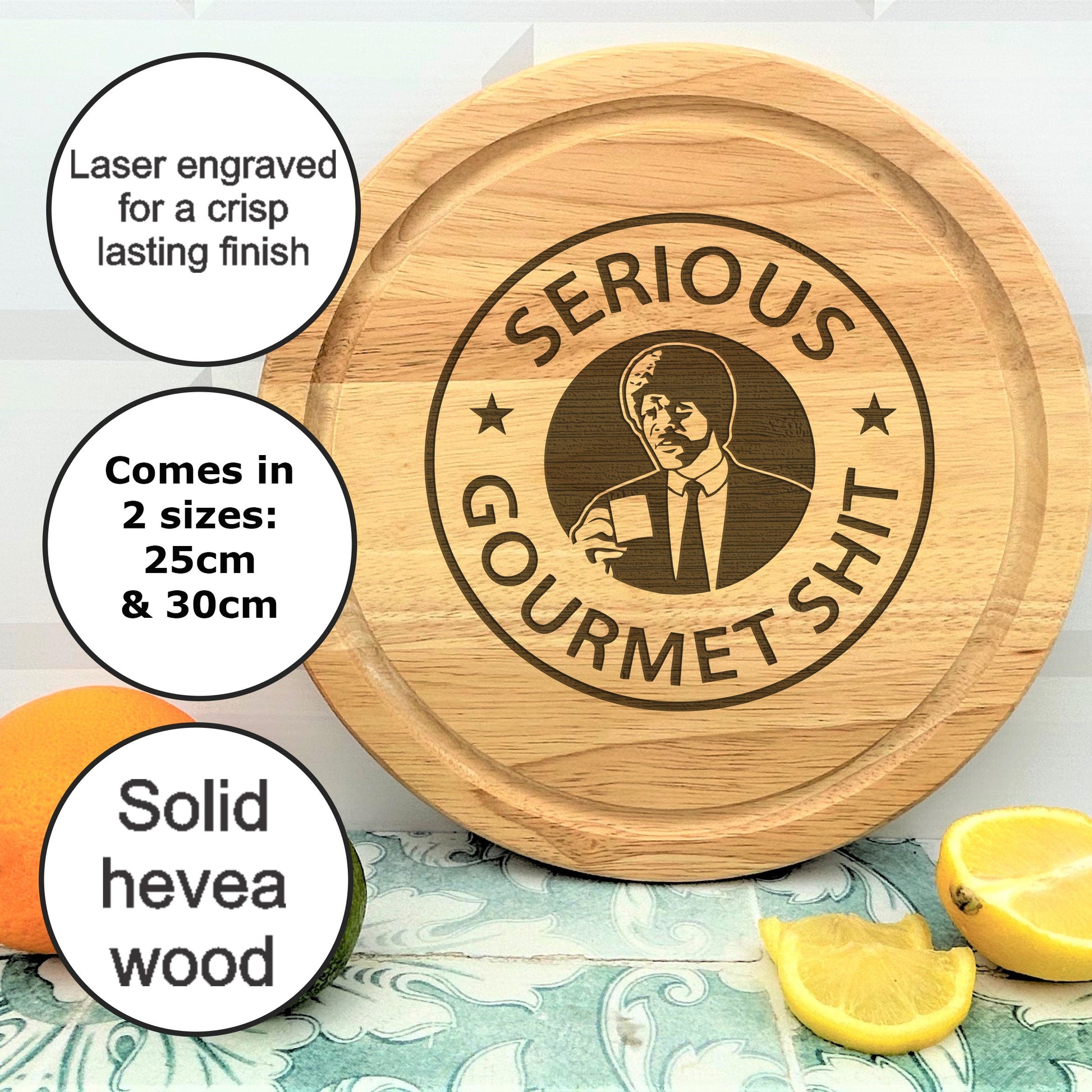 a wooden cutting board with a picture of a man on it