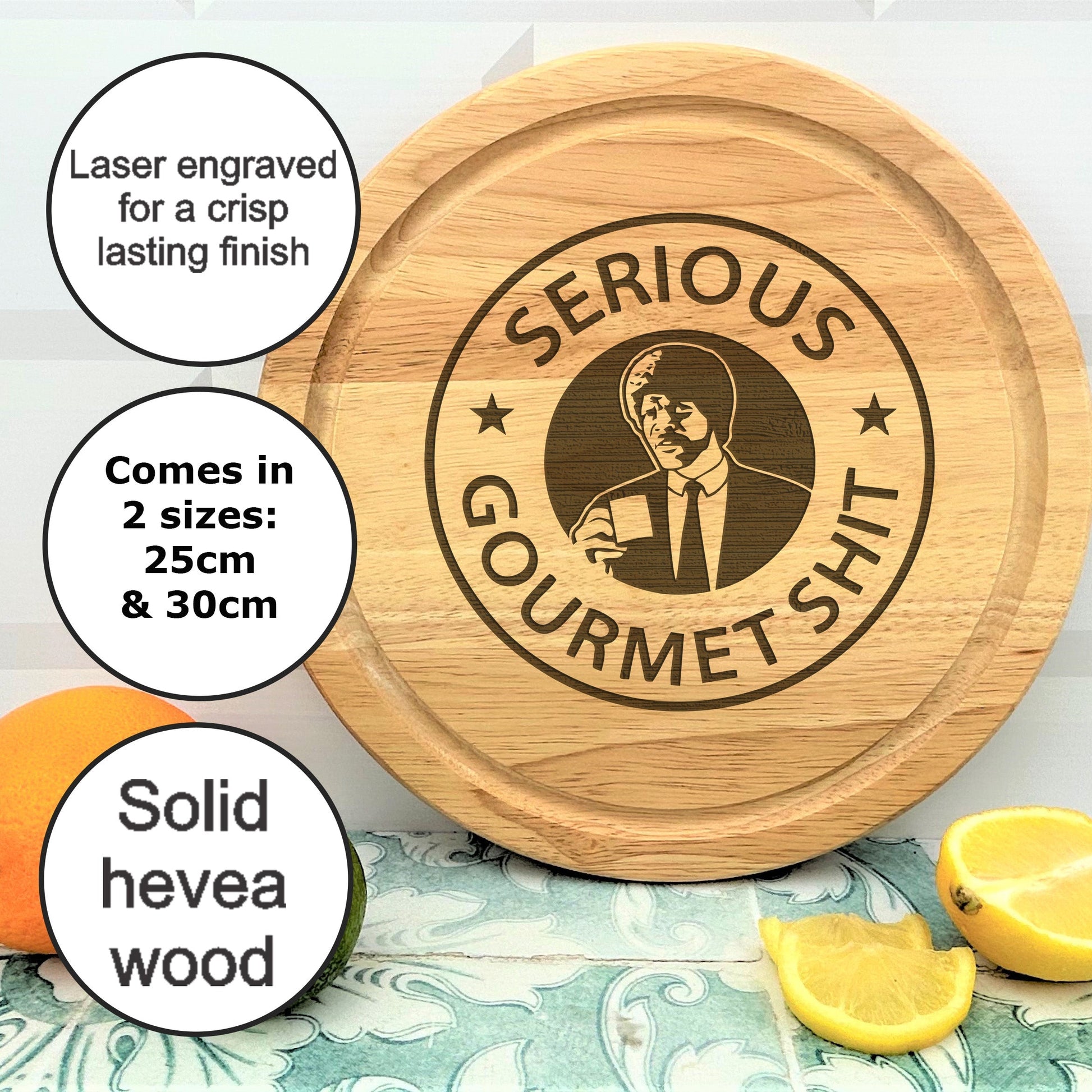 a wooden cutting board with a picture of a man on it